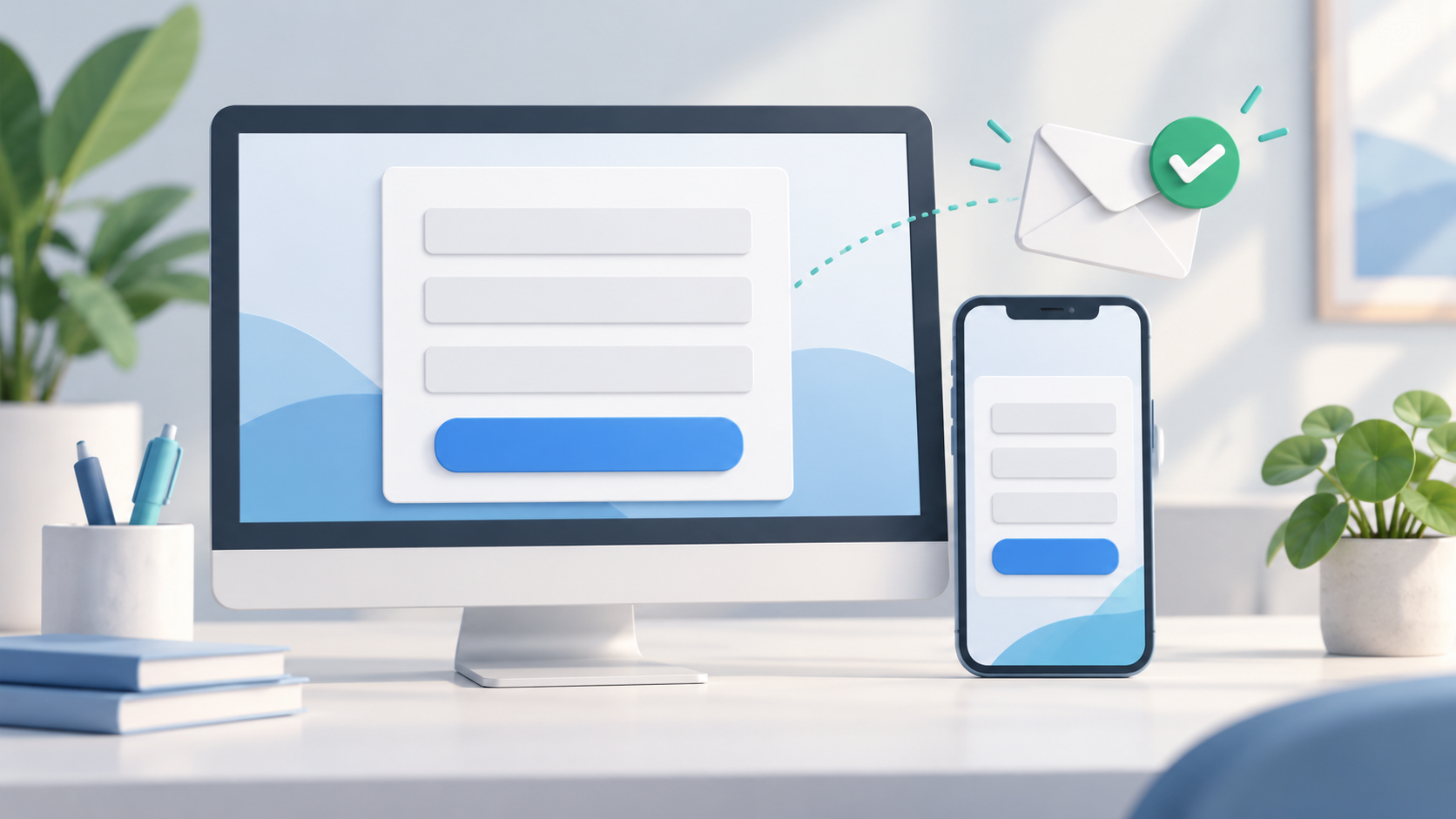 Illustratie van een eenvoudig contactformulier op een computer en smartphone.