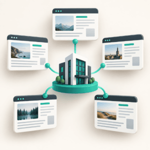 Illustratie van een bedrijf met merkvermeldingen op websites binnen een netwerk