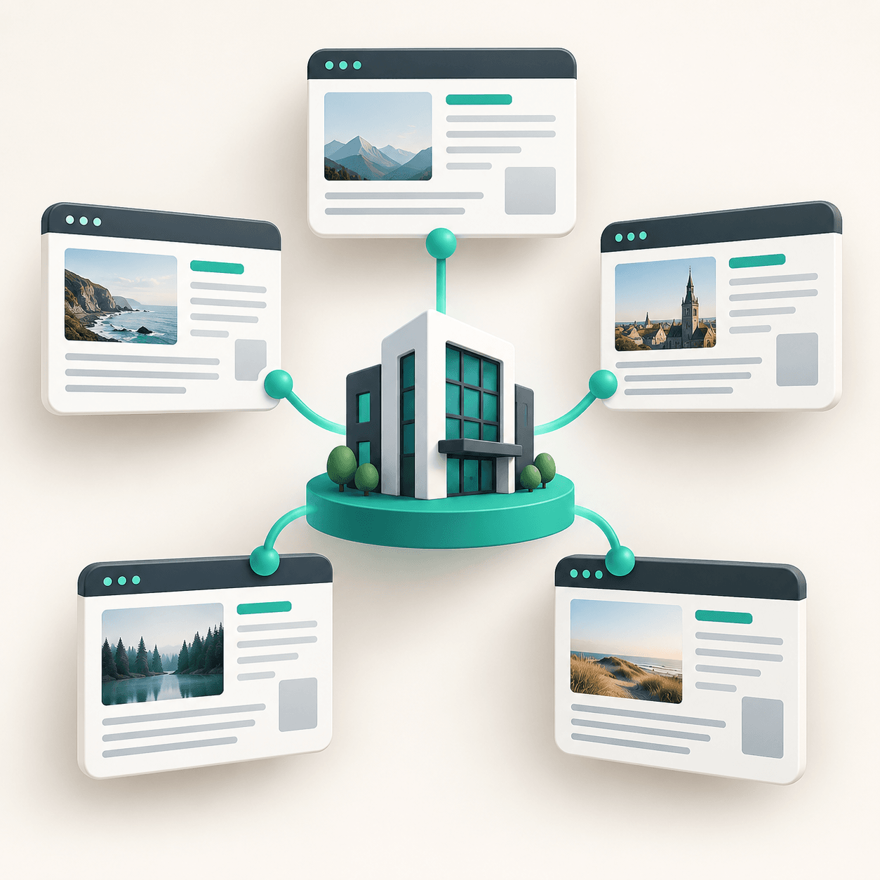 Illustratie van een bedrijf met merkvermeldingen op websites binnen een netwerk
