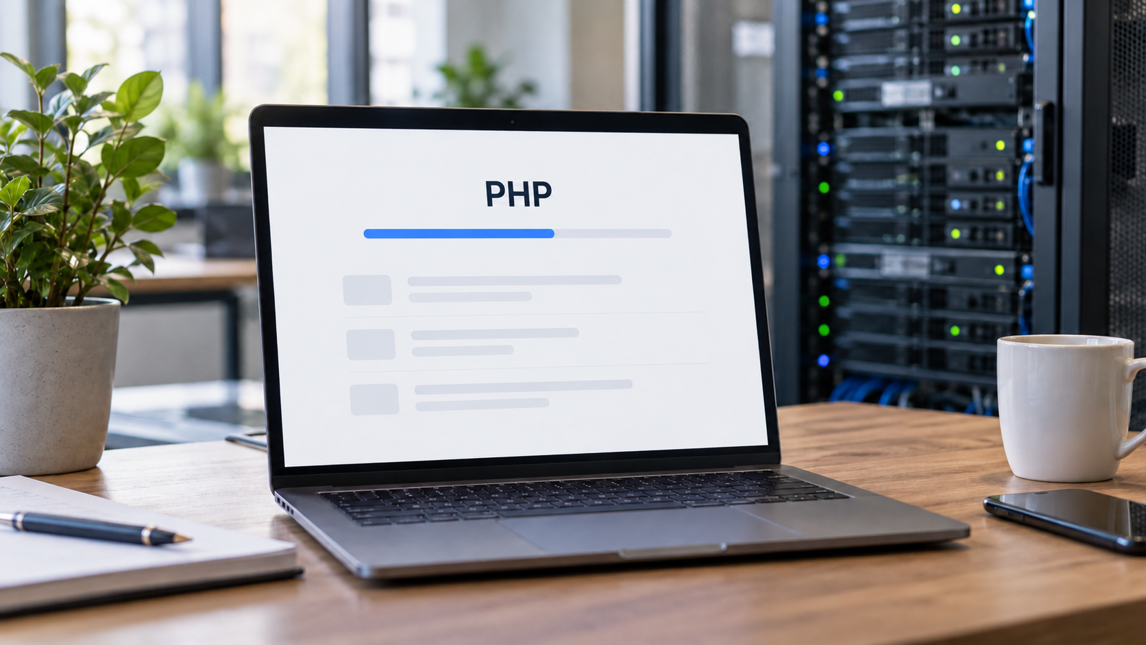 PHP-beveiligingsupdate voor websites Laptop met PHP op het scherm en servers op de achtergrond.