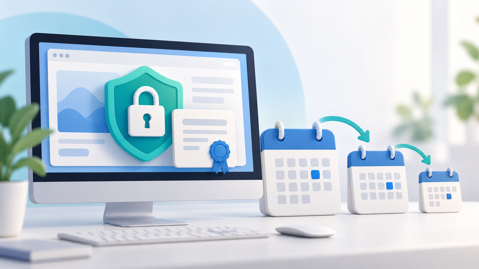 ssl-certificaat-kortere-geldigheid-v1 Illustratie van een beveiligde website met SSL-certificaat en kalenders die kortere geldigheid uitbeelden.